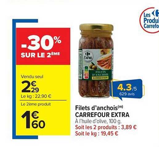 Filets d'anchois(m) CARREFOUR EXTRA À l’huile d’olive, 100 g.