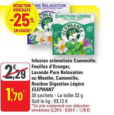 Infusion aromatisée Camomille, Feuilles d'Orange, Lavande Pure Relaxation ou Menthe, Camomille, Rooibos Digestion Légère ELEPHANT