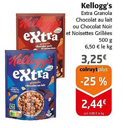 Kellogg's Extra Granola Chocolat au lait ou Chocolat Noir et Noisettes Grillées 500 g