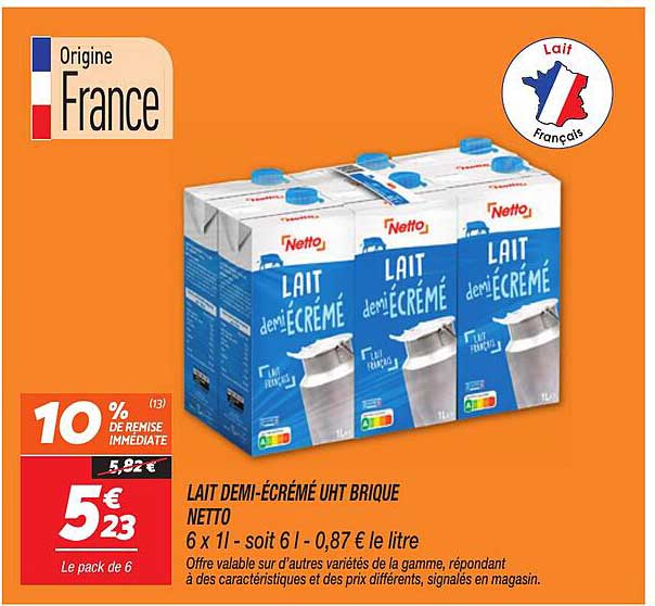 LAIT DEMI-ÉCRÉMÉ UHT BRIQUE NETTO