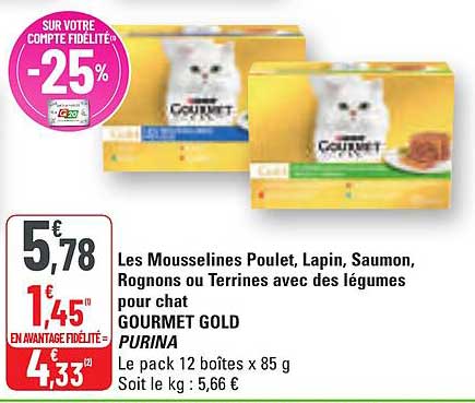Les Mousselines Poulet, Lapin, Saumon, Rognons ou Terrines avec des légumes pour chat GOURMET GOLD PURINA