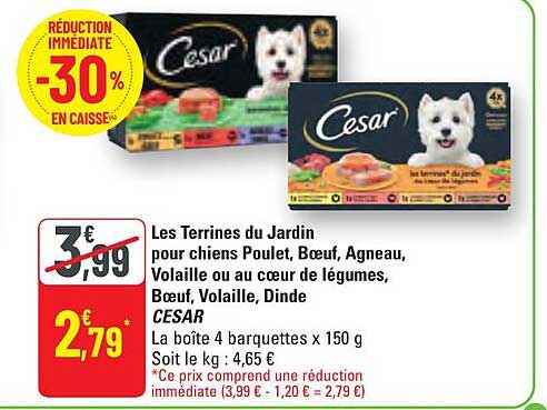 Les Terrines du Jardin pour chiens Poulet, Bœuf, Agneau, Volaille ou au coeur de légumes, Bœuf, Volaille, Dinde CESAR