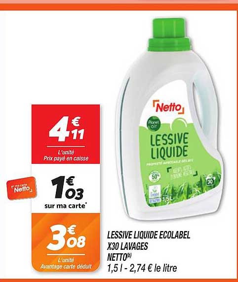 LESSIVE LIQUIDE ECOLABEL X30 LAVAGES NETTO®