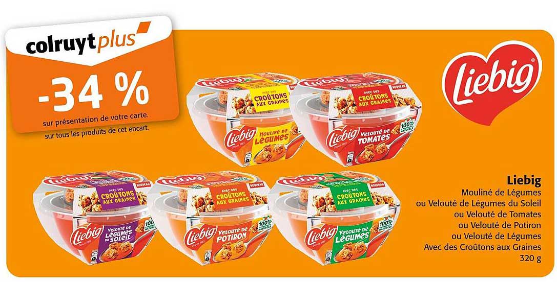 Liebig Mouliné de Légumes ou Velouté de Légumes du Soleil ou Velouté de Tomates ou Velouté de Potiron ou Velouté de Légumes Avec des Croûtons aux Graines 320 g