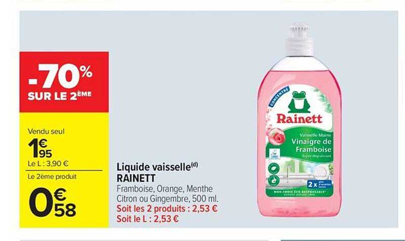 Liquide vaisselle Rainett Framboise, Orange, Menthe Citron ou Gingerbre, 500 ml.