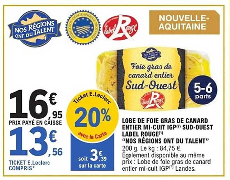 Lobe de foie gras de canard entier mi-cuit IGP Sud-Ouest Label Rouge