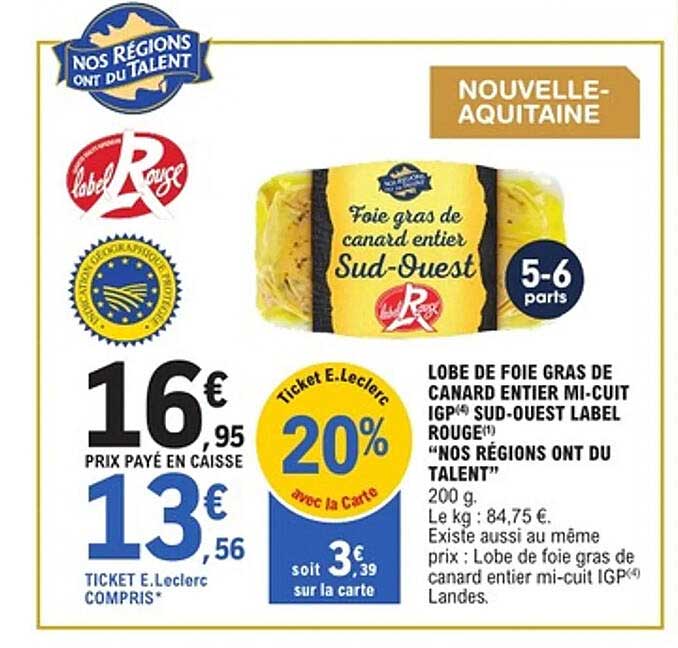 LOBE DE FOIE GRAS DE CANARD ENTIERS MIE-CUIT IGP SUD-OUEST LABEL ROUGE