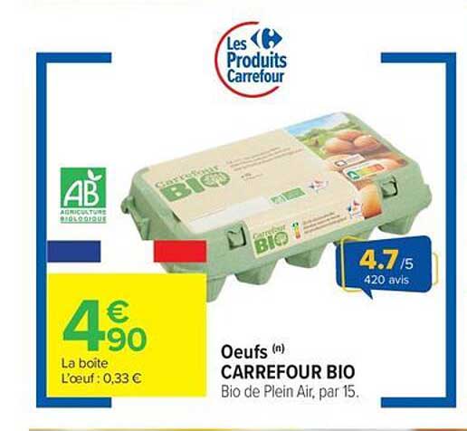 Oeufs (n) CARREFOUR BIO Bio de Plein Air, par 15