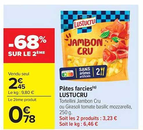 Pâtes farcies Lustucru Jambon Cru ou Girasoli tomate basilic mozzarella, 250 g.