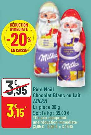 Père Noël Chocolat Blanc ou Lait MILKA