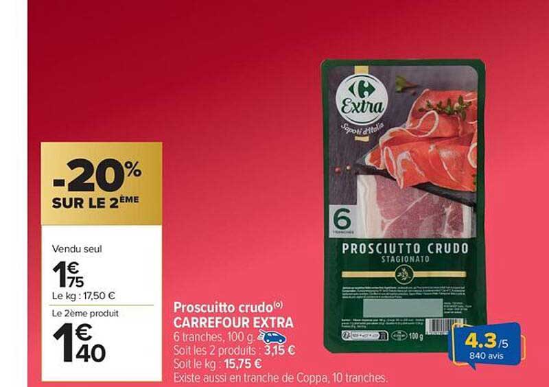 Prosciutto crudo CARREFOUR EXTRA 6 tranches, 100 g