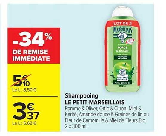 Shampooing LE PETIT MARSEILLAIS Pomme & Olive, Ortie & Citron, Miel & Karité, Amandes douces & Graines de lin ou Fleur de Camomille & Miel de Fleurs Bio 2 x 300 ml.