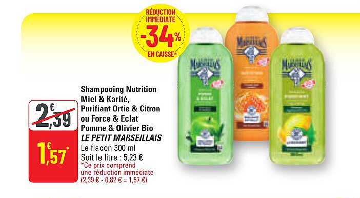 Shampooing Nutrition Miel & Karité, Purifiant Ortie & Citron ou Force & Eclat Pomme & Olivier Bio LE PETIT MARSEILLAIS