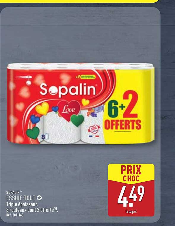 SOPALIN ESSUIE-TOUT - Triple épaisseur. 8 rouleaux dont 2 offerts.