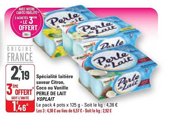 Spécialité laitière saveur Citron, Coco ou Vanille PERLE DE LAIT YOPLAIT