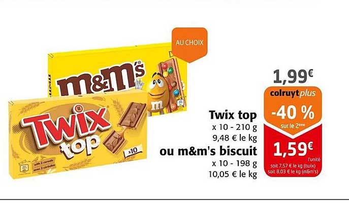 Twix top x 10 - 210 g ou m&m's biscuit x 10 - 198 g