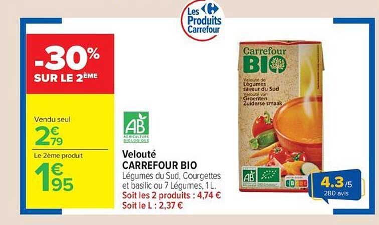 Velouté CARREFOUR BIO Légumes du Sud, Courgettes et basilic ou 7 Légumes, 1 L.