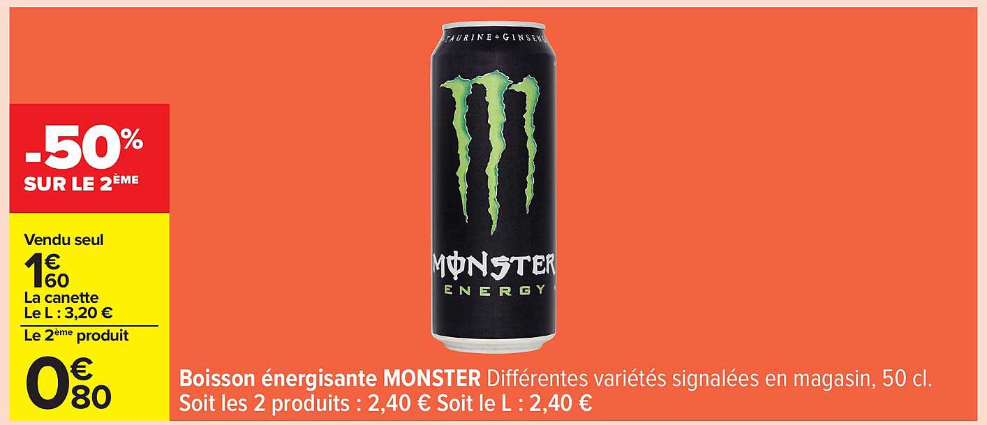 Boisson énergisante MONSTER Différentes variétés signalées en magasin, 50 cl.
