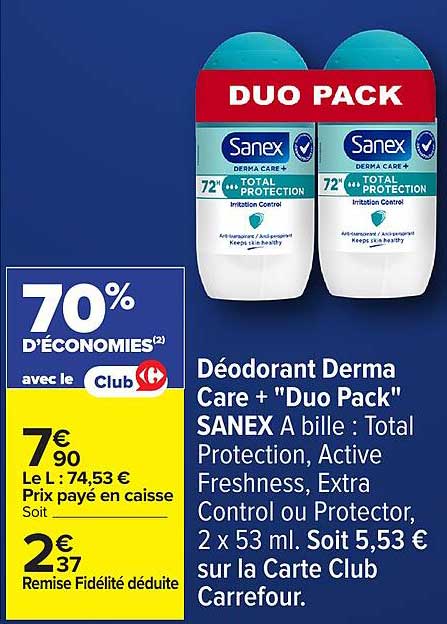Déodorant Derma Care + "Duo Pack" SANEX A bille : Total Protection, Active Freshness, Extra Control ou Protector, 2 x 53 ml.