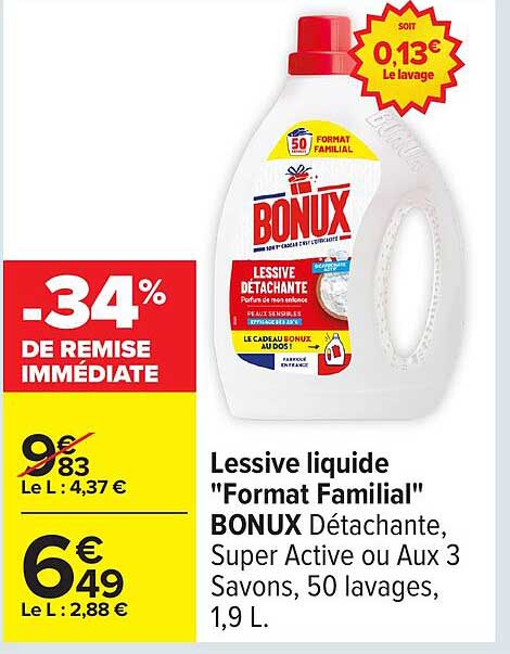 Lessive liquide "Format Familial" BONUX Détachante, Super Active ou Aux 3 Savons, 50 lavages, 1,9 L