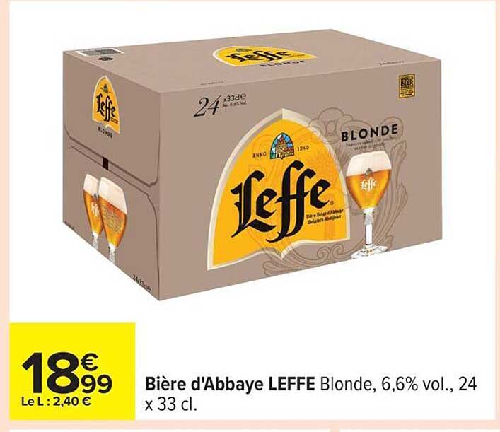 Bière d'Abbaye LEFFE Blonde, 6,6% vol., 24 x 33 cl.