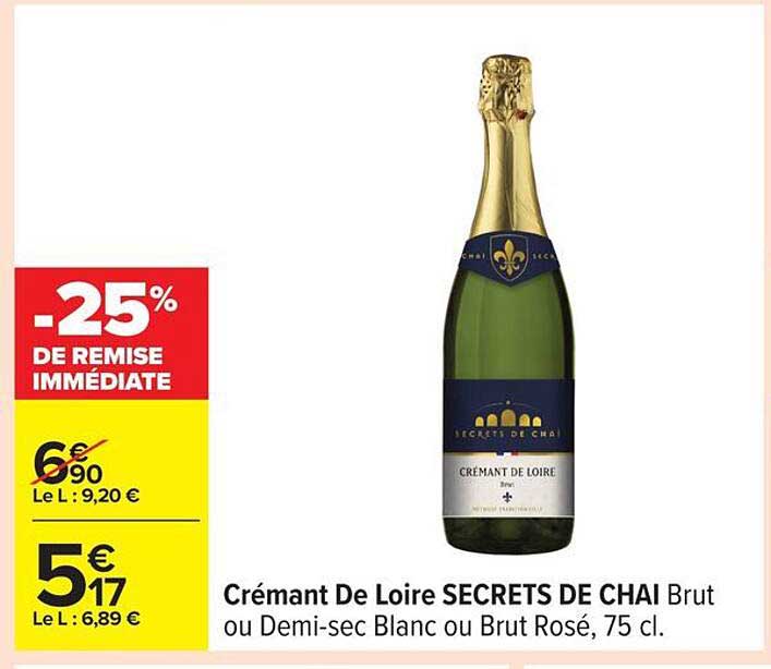 Crémant De Loire SECRETS DE CHAI Brut ou Demi-sec Blanc ou Brut Rosé, 75 cl.