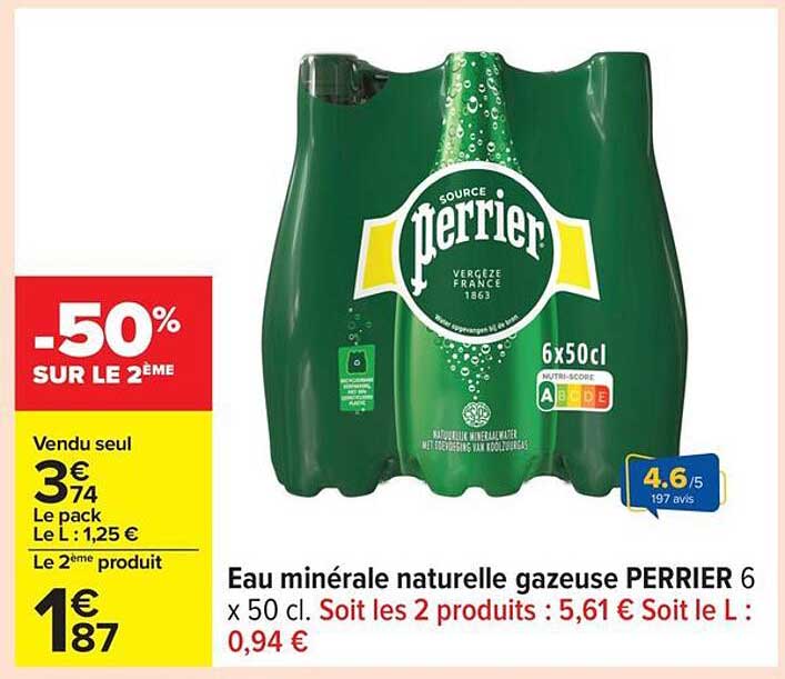 Eau minérale naturelle gazeuse PERRIER 6 x 50 cl.