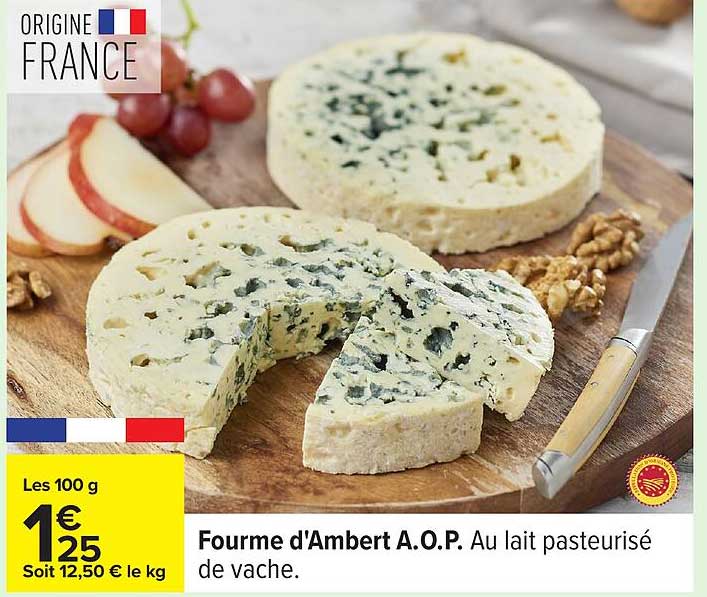 Fourme d'Ambert A.O.P. Au lait pasteurisé de vache.