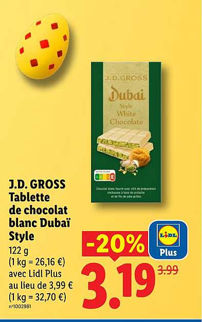 J.D. GROSS Tablette de chocolat blanc Dubai Style