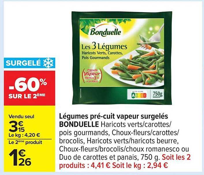 Légumes pré-cuit vapeur surgelés BONDUELLE Haricots verts/carottes/pois gourmands