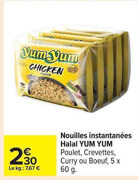 Nouilles instantanées Halal YUM YUM Poulet, Crevettes, Curry ou Boeuf, 5 x 60 g.
