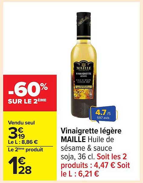 Vinaigrette légère MAILLE Huile de sésame & sauce soja, 36 cl.