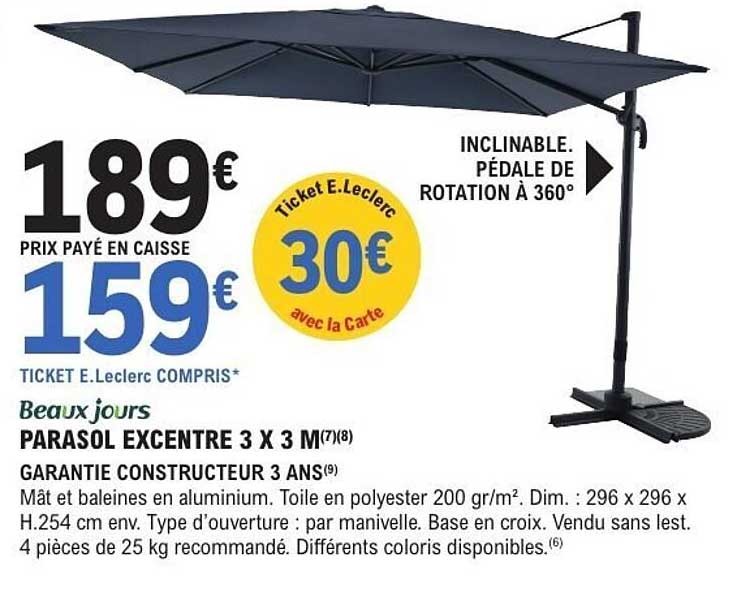Beaux jours PARASOL EXCENTRE 3 X 3 M