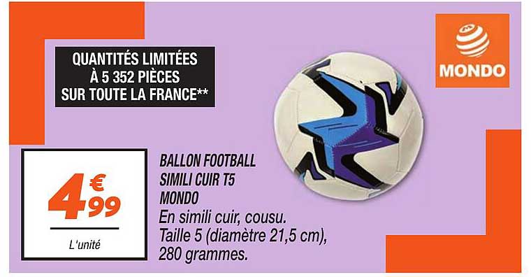 BALLON FOOTBALL SIMILI CUIR T5 MONDO
