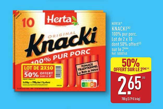 HERTA® KNACKI 100% pur porc - Lot de 2 x 10 dont 50% offert sur le 2ème