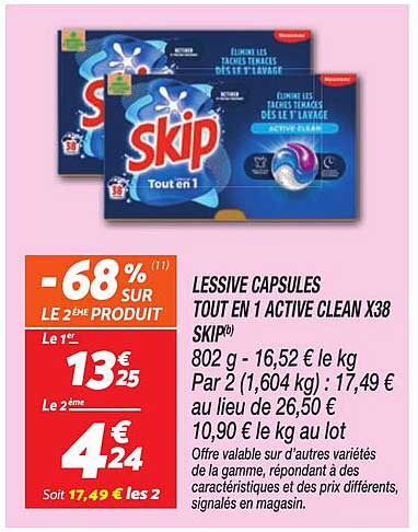 LESSIVE CAPSULES TOUT EN 1 ACTIVE CLEAN X38 SKIP