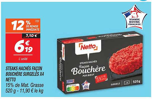 STEAKS HACHÉS FAÇON BOUCHÈRE SURGELÉS X4 NETTO