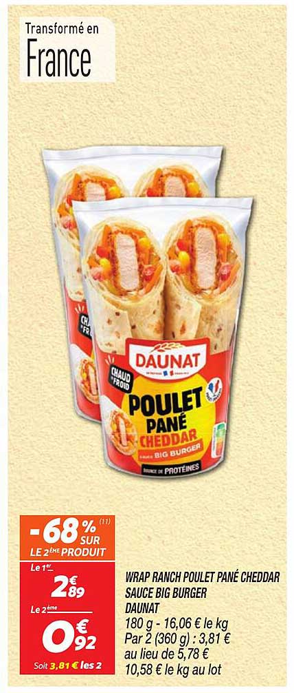 WRAP RANCH POULET PANÉ CHEDDAR SAUCE BIG BURGER DAUNAT