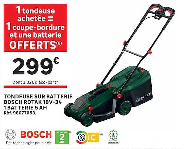 1 tondeuse achetée = 1 coupe-bordure et une batterie OFFERTS