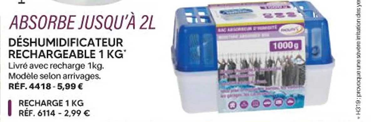 ABSORBE JUSQU’À 2L DÉSHUMIDIFICATEUR RECHARGEABLE 1 KG*