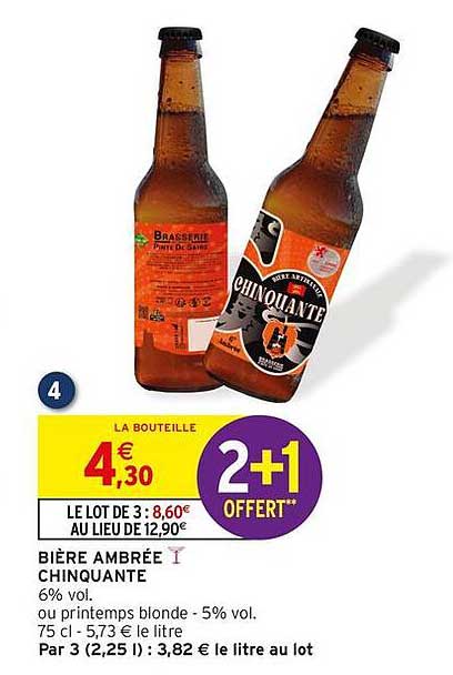 Bière ambrée Chinquante 6% vol. ou printemps blonde - 5% vol. 75 cl
