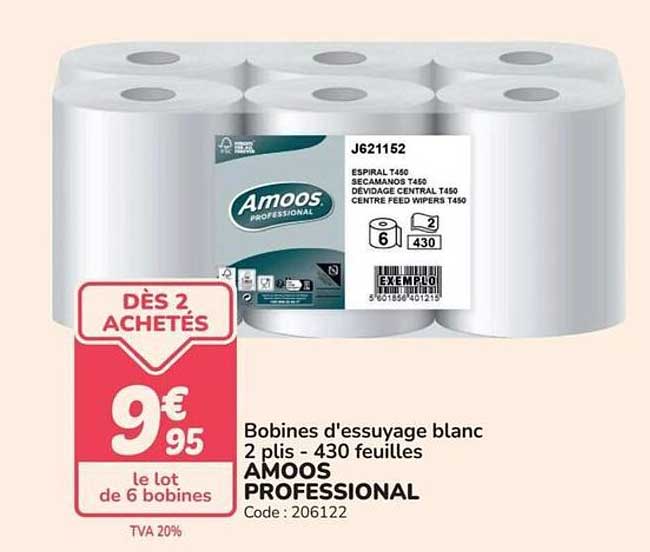 Bobines d'essuyage blanc 2 plis - 430 feuilles AMOOS PROFESSIONAL
