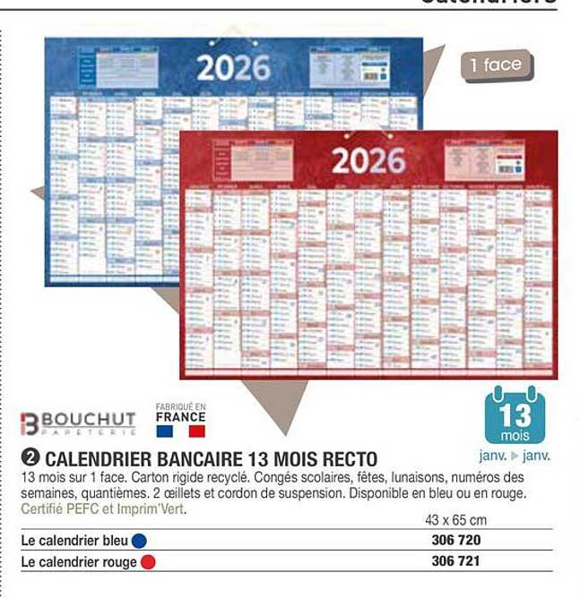 CALENDRIER BANCAIRE 13 MOIS RECTO