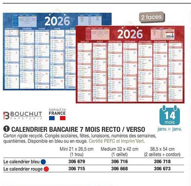CALENDRIER BANCAIRE 7 MOIS RECTO / VERSO