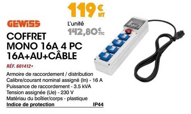 COFFRET MONO 16A 4 PC 16A+AU+CÂBLE