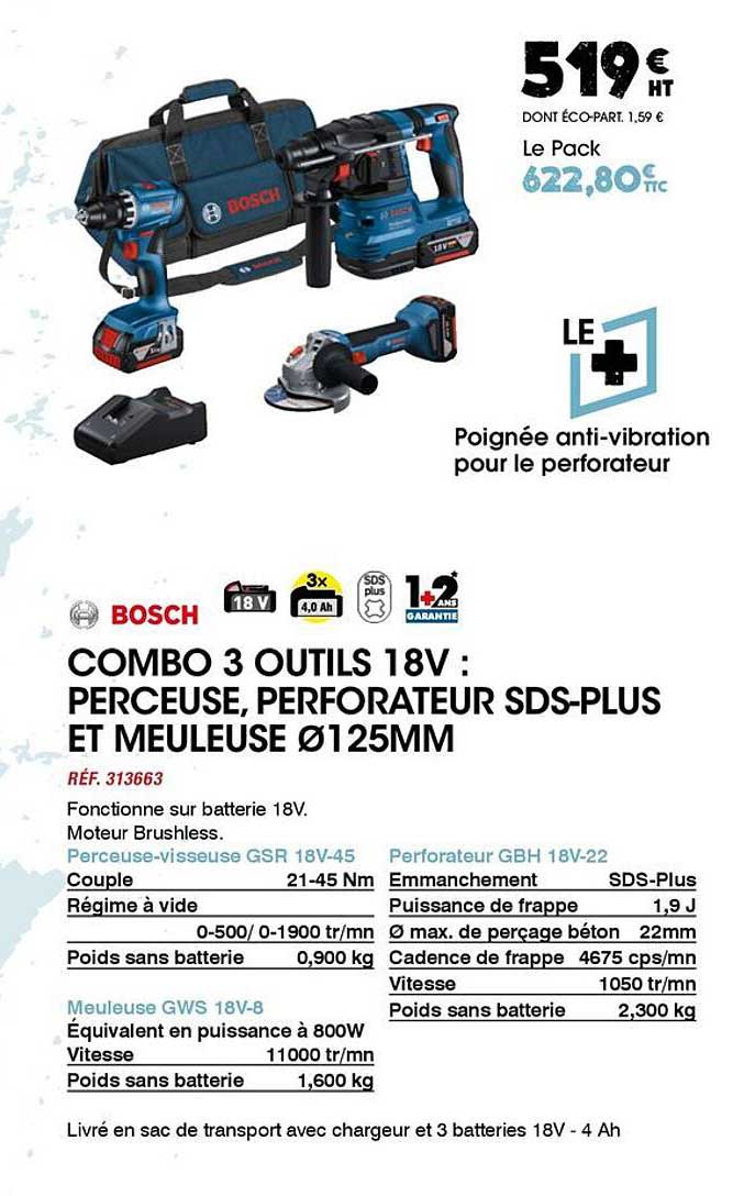 COMBO 3 OUTILS 18V : PERCEUSE, PERFORATEUR SDS-PLUS ET MEULEUSE Ø125MM