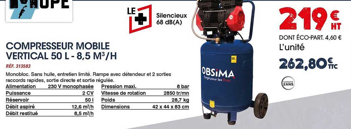 COMPRESSEUR MOBILE VERTICAL 50 L - 8,5 M³/H
