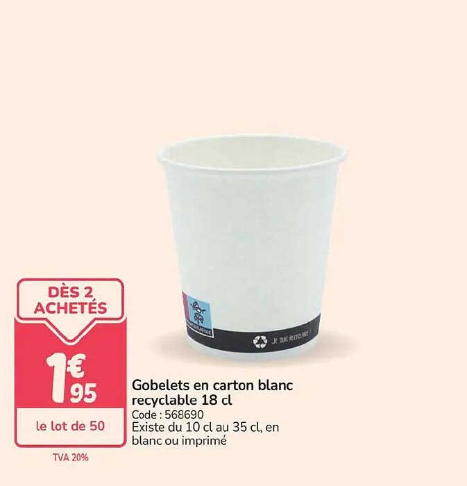 Gobelets en carton blanc recyclable 18 cl