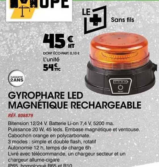 GYROPHARE LED MAGNÉTIQUE RECHARGEABLE