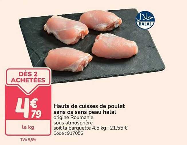 Hauts de cuisses de poulet sans os sans peau halal